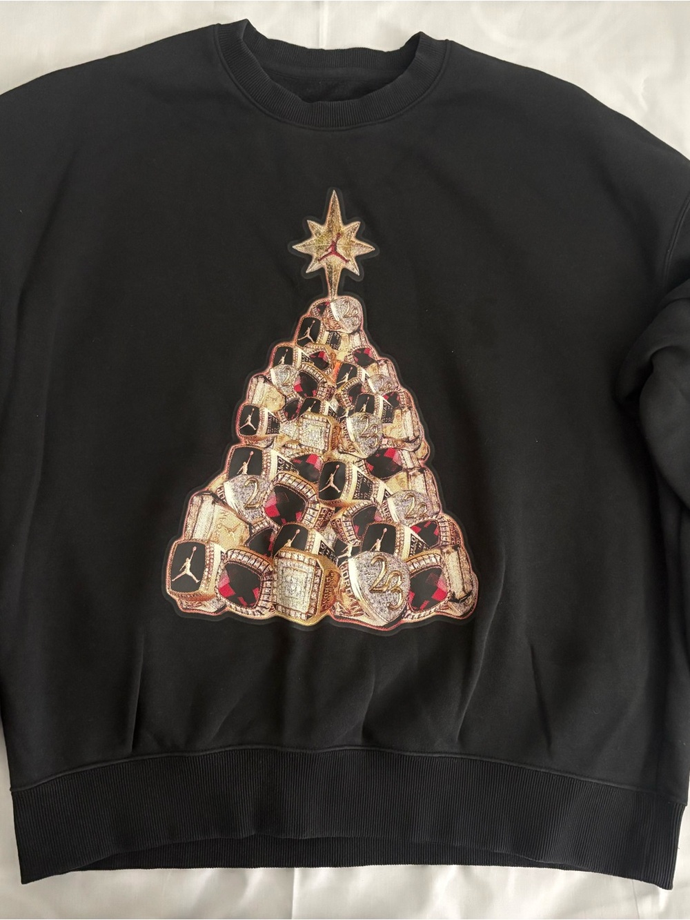 Jordan Black Crewneck Sweater with Gold and Red Ring Pyramid Graphic